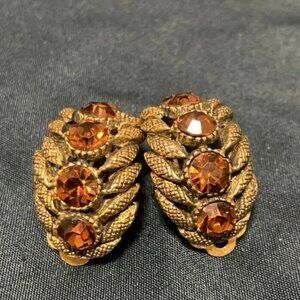 HAR Rare Signed Gilt Amber Rhinestone Earrings